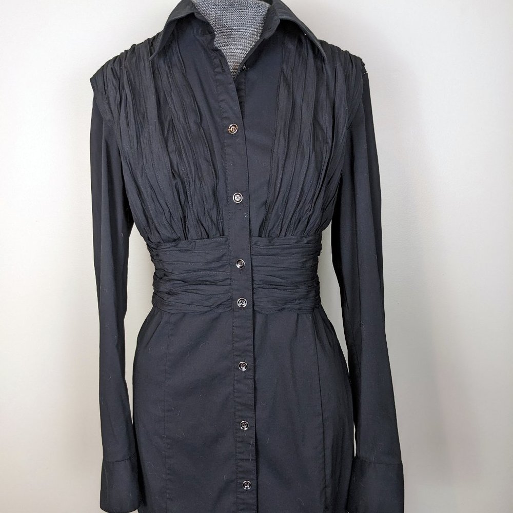 INC International Concepts Ruched Button Up Black Fitted Shirt Size 8
